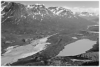 Aerial view of Ross Geen Lake and Granite Range. Wrangell-St Elias National Park ( black and white)