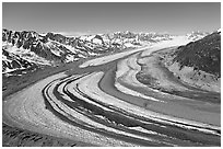 Aerial view of curving glacier near Bagley Field. Wrangell-St Elias National Park ( black and white)