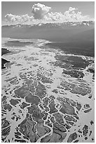 Aerial view of braids of the Chitina River. Wrangell-St Elias National Park, Alaska, USA. (black and white)