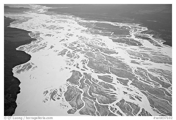 Aerial view of braided river plain. Wrangell-St Elias National Park (black and white)