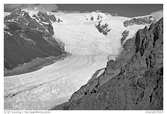 Aerial view of Erie Mine on ridge above Root Glacier. Wrangell-St Elias National Park (black and white)