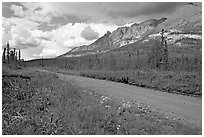 McCarthy road and mountains. Wrangell-St Elias National Park, Alaska, USA. (black and white)