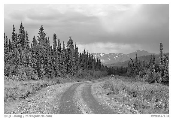 McCarthy road with vehicle approaching in the distance. Wrangell-St Elias National Park (black and white)