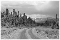 McCarthy road with vehicle approaching in the distance. Wrangell-St Elias National Park ( black and white)