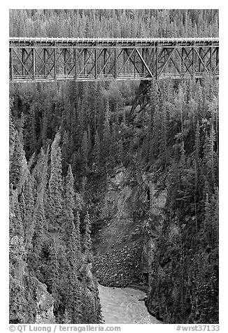 Kuskulana gorge, river, and bridge. Wrangell-St Elias National Park (black and white)