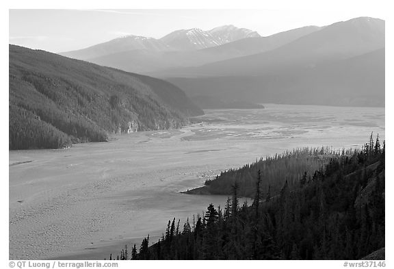 Chitina River and Chugach Mountains, late afternoon. Wrangell-St Elias National Park (black and white)