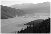 Chitina River and Chugach Mountains, late afternoon. Wrangell-St Elias National Park, Alaska, USA. (black and white)