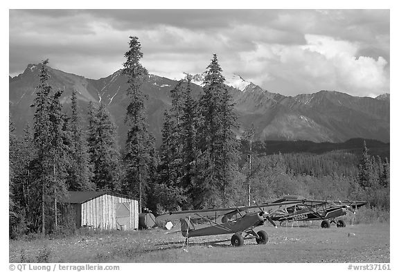 Bush planes at the end of Nabesna Road. Wrangell-St Elias National Park (black and white)