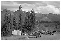 Bush planes at the end of Nabesna Road. Wrangell-St Elias National Park, Alaska, USA. (black and white)