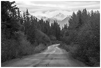 McCarthy Road in autumn and snowy peaks. Wrangell-St Elias National Park ( black and white)