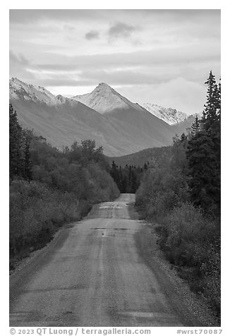 McCarthy Road in autumn and snowy mountain. Wrangell-St Elias National Park (black and white)