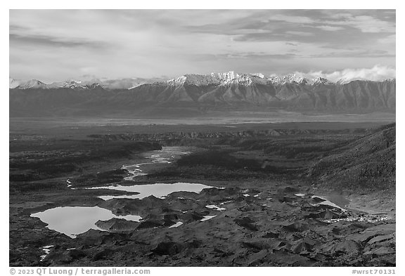 Lakes at the foot of glacier, Kennicott River, and Chugatch Range. Wrangell-St Elias National Park (black and white)