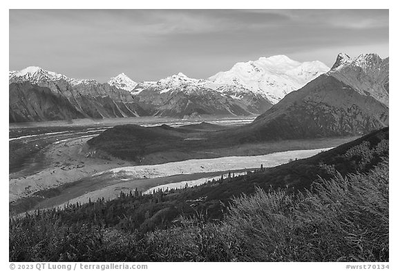 Root and Kennicott Glaciers, Mt Blackburn. Wrangell-St Elias National Park (black and white)