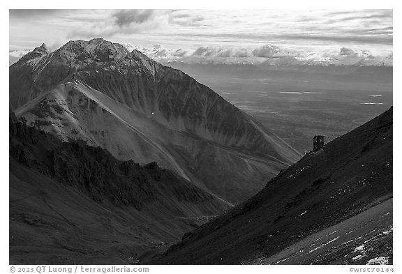 Bonanza Mine aerial tramway tower and Porphyry Mountain. Wrangell-St Elias National Park (black and white)