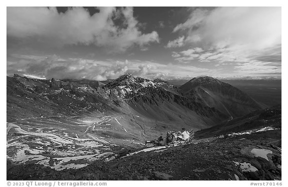 Bonanza Mine and basin from above. Wrangell-St Elias National Park (black and white)