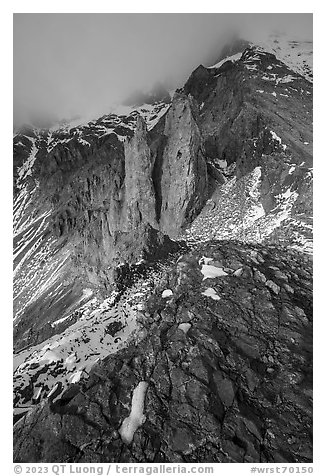 Copper deposits, and pinnacles below Bonanza Peak. Wrangell-St Elias National Park (black and white)