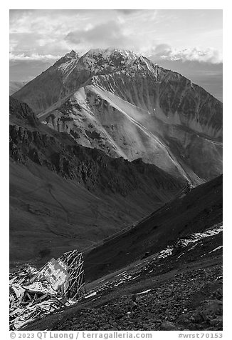 Bonanza Mine aerial tramway line and stations. Wrangell-St Elias National Park (black and white)