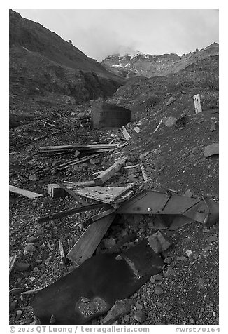 Remnants of mining activity and Bonanza Peak. Wrangell-St Elias National Park (black and white)