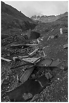 Remnants of mining activity and Bonanza Peak. Wrangell-St Elias National Park ( black and white)