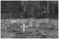Wooden crosses and picket fences, Kennecott cemetery. Wrangell-St Elias National Park ( black and white)