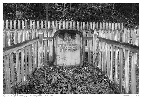Headstone and white picket fences, Kennicott cemetery. Wrangell-St Elias National Park (black and white)