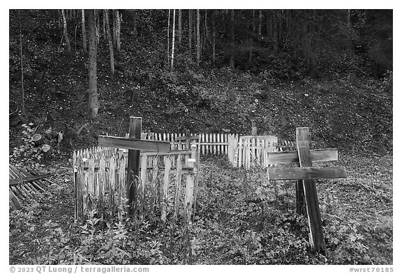 Weathered wooden crosses and fences, Kennecott cemetery. Wrangell-St Elias National Park (black and white)