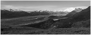 Kennicott Glacier, Wrangell Range, Mount Blackburn, Donoho Peak. Wrangell-St Elias National Park (Panoramic black and white)