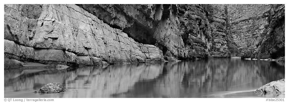 Canyon walls reflected in Rio Grande River. Big Bend National Park (black and white)