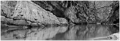 Canyon walls reflected in Rio Grande River. Big Bend National Park (Panoramic black and white)