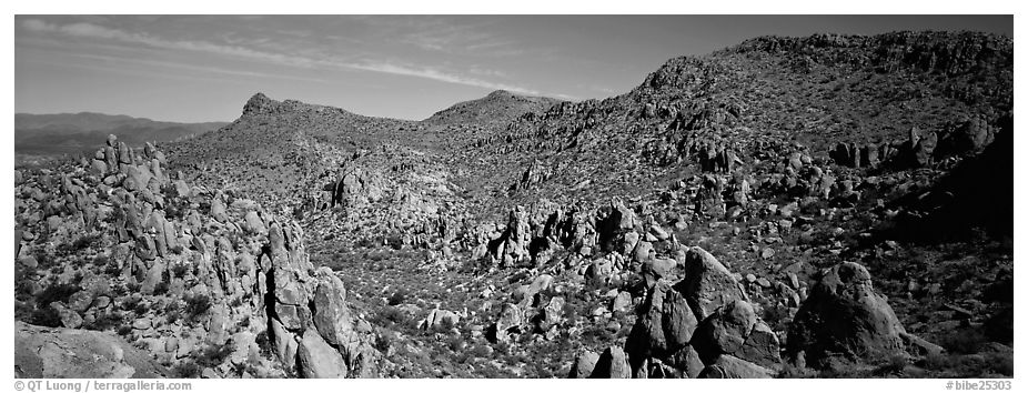 Valley strewn with rock boulders, Grapevine Mountains. Big Bend National Park (black and white)