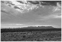 Dry riverbed, distant Chisos Mountains, and clouds. Big Bend National Park ( black and white)