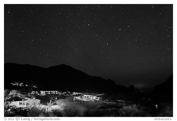 Chisos Mountains Lodge and stars at night. Big Bend National Park (black and white)