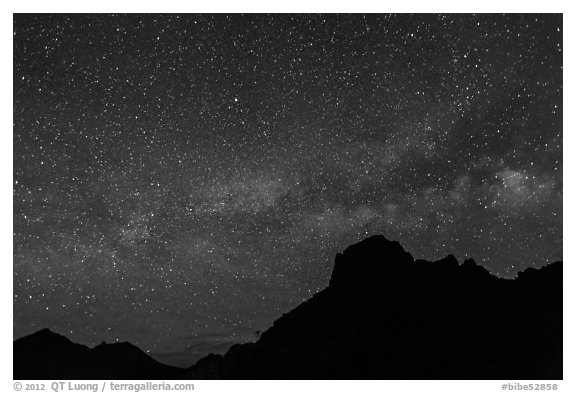 Starry sky and Milky Way above Chisos Mountains. Big Bend National Park (black and white)