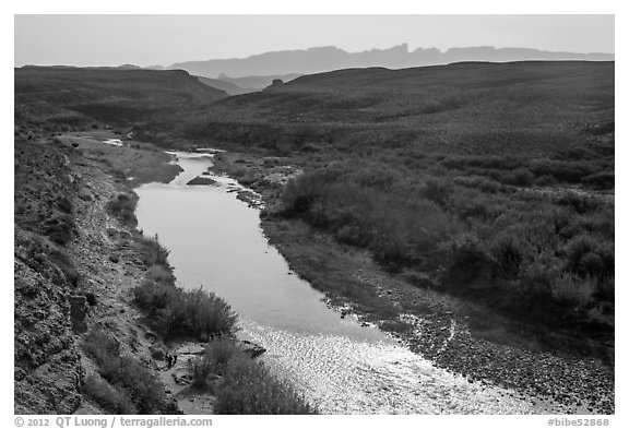 Rio Grande River and hot springs. Big Bend National Park (black and white)
