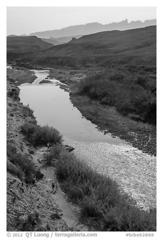 View from above of Rio Grande and hikers heading towards hot springs. Big Bend National Park (black and white)