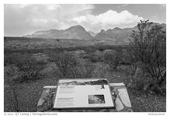 Interpretive sign, Chisos Mountains. Big Bend National Park (black and white)