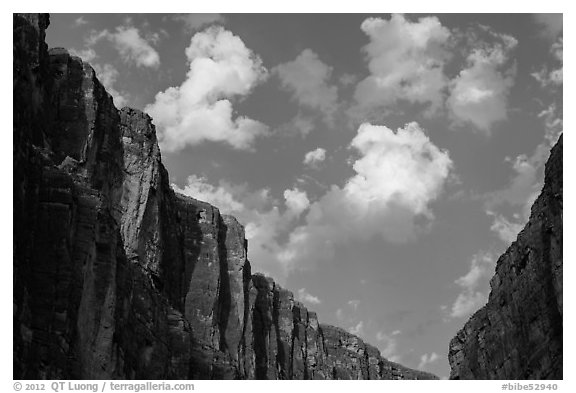 Santa Elena Canyon limestone walls and clouds. Big Bend National Park (black and white)