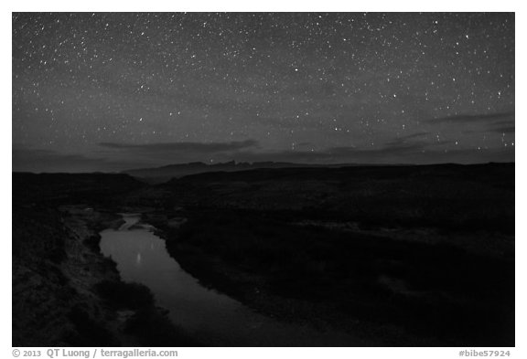 Rio Grande River at night. Big Bend National Park (black and white)