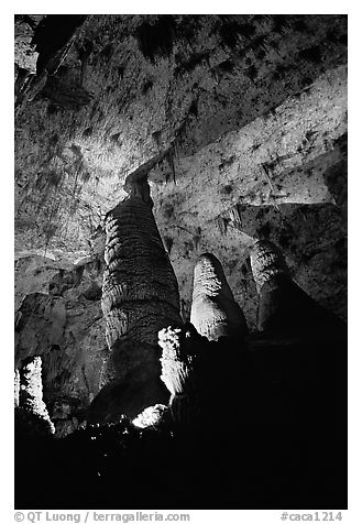 Hall of Giants with six stories tall formations. Carlsbad Caverns National Park (black and white)