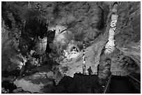Vistor and stalacmites. Carlsbad Caverns National Park, New Mexico, USA. (black and white)