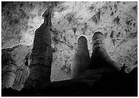 Tall columns in Hall of Giants. Carlsbad Caverns National Park, New Mexico, USA. (black and white)