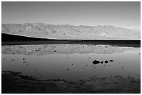 Panamint range reflection in Badwater pond, early morning. Death Valley National Park, California, USA. (black and white)
