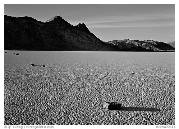 Tracks, moving stone on Racetrack playa and Ubehebe Peak, late afternoon. Death Valley National Park (black and white)