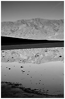 Panamint range reflected in pond at Badwater, early morning. Death Valley National Park, California, USA. (black and white)