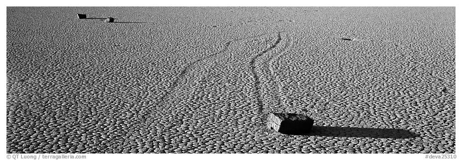 Moving stones on dried mud playa. Death Valley National Park (black and white)