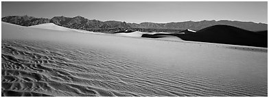 Landscape of sand dunes and mountains. Death Valley National Park (Panoramic black and white)