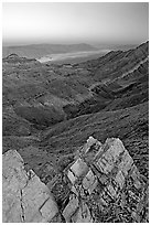 Rocks, canyon and Death Valley from Aguereberry point, sunset. Death Valley National Park ( black and white)