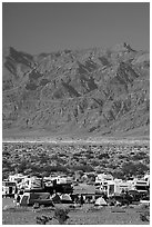 Camp and RVs at Stovepipe Wells, with Armagosa Mountains in the background. Death Valley National Park, California, USA. (black and white)