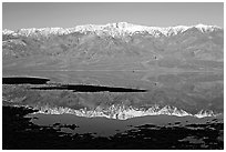 Telescope Peak and Panamint range reflected in a rare seasonal lake, early morning. Death Valley National Park, California, USA. (black and white)