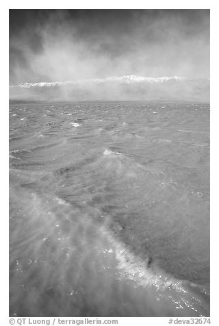 Waves on rarisime seasonal Death Valley Lake, early morning. Death Valley National Park (black and white)